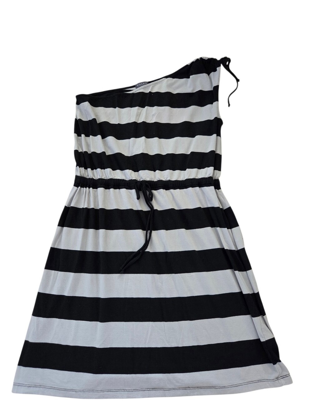 Lilla P gray/black striped one shoulder knee length dress, L. EUC.